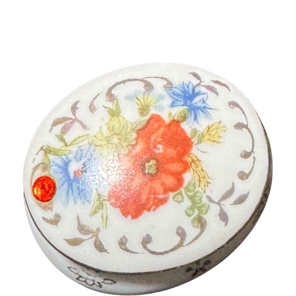 Vintage Japanese Porcelain Footed Trinket Box With Floral Design & Gem Accent - Picture 2 of 6